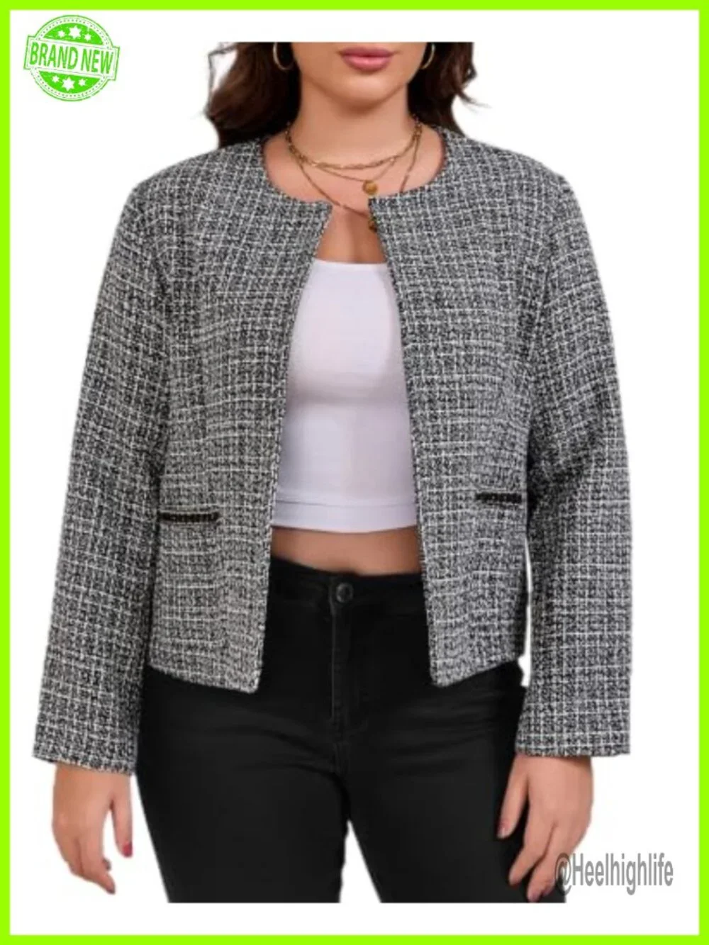 Collarless Tweed Blazer Plus Size Open Front Work Jacket with Pockets